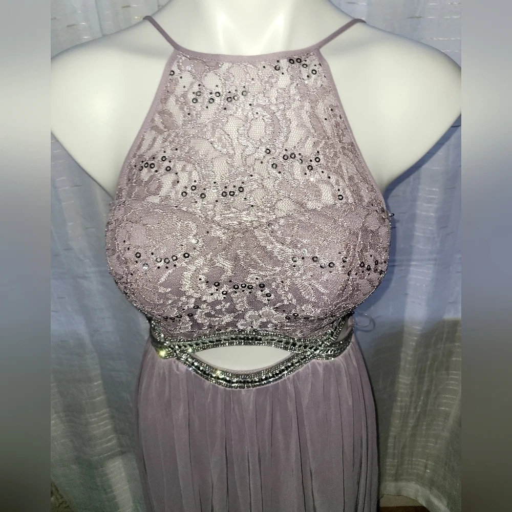 Sequin Cut Out Embellished Waist Gown Maxi Dress Purple Silver - Picture 4 of 12